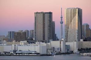 tokyo orizzonte durante tramonto visto a partire dal il acqua foto