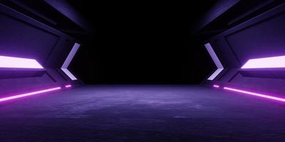 3d interpretazione di navicella spaziale corridoio viola neon leggero corridoio calcestruzzo sfondo. cyberpunk concetto. scena per pubblicità, showroom, tecnologia, futuro, moderno, sport, metaverso. sci fi illustrazione foto