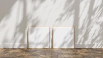telaio manifesto modello su di legno pavimento con bianca parete e luce del sole ombra copertura foto