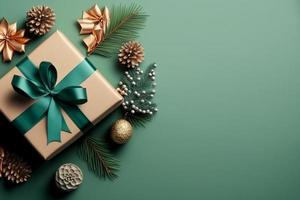 vacanza sfondo con Natale decorazione e regalo scatole superiore Visualizza. festivo saluto carta. piatto posare stile. foto