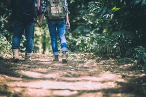giovani viaggiatori attivi mano nella mano mentre si cammina nella foresta foto