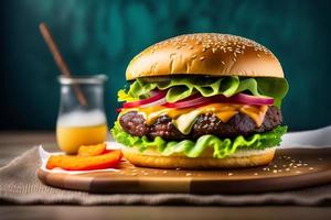 davanti Visualizza gustoso carne hamburger con formaggio e insalata foto