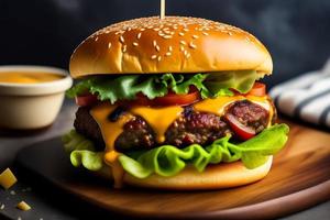 davanti Visualizza gustoso carne hamburger con formaggio e insalata foto