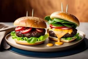 davanti Visualizza gustoso carne hamburger con formaggio e insalata foto