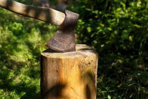 ascia incollato nel il ceppo. ascia nel un' di legno ceppo nel il foresta. foto