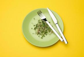 verde germogli di chia, rucola e mostarda nel un' verde il giro piatto, superiore Visualizza. un' salutare cibo foto