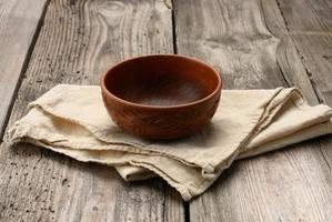vuoto Marrone piatto e biancheria asciugamano su tavolo a partire dal vecchio di legno tavole foto