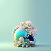 contento Pasqua celebrazione saluto carta con copia spazio nel brillante 3d uova e fiore ornamenti foto