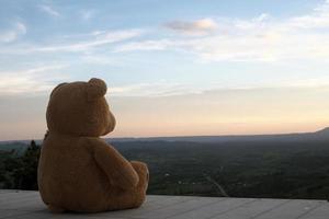 orsacchiotto orso seduta solo su un' di legno balcone. Guarda triste e solitario foto