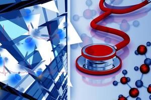 digitale illustrazione di stetoscopio e molecole nel colore sfondo foto