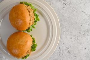 due hamburger disposti magnificamente su un piatto bianco foto