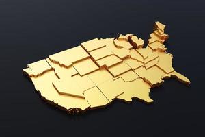 3d d'oro Stati Uniti d'America carta geografica su nero sfondo foto