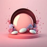 lucido 3d rosa palcoscenico con uova e fiori per Pasqua giorno Prodotto vetrina foto
