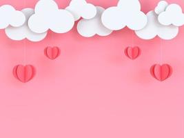 3d San Valentino modello con nuvole e carta tagliare cuore sospeso a partire dal il sopra. San Valentino modello con copia spazio. 3d illustrazione. foto