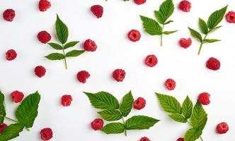 rosso maturo lamponi e verde le foglie sparpagliato su un' bianca sfondo foto