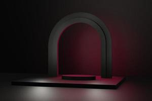 vuoto nero rosso piattaforma con arco per Prodotto promozione, romantico Schermo palcoscenico su buio sfondo 3d rendere foto