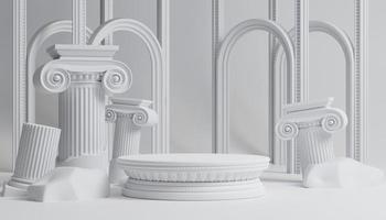 3d lusso podio con romano colonna per Prodotto sfondo con bianca sfondo per il branding presentazione 3d interpretazione illustrazione. foto