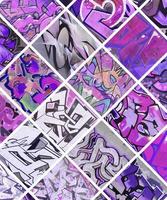 un' impostato di molti piccolo frammenti di graffiti disegni. strada arte astratto sfondo collage nel viola colori foto