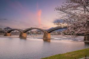 ciliegia fiorire a kintaikyo ponte iwakuni città, Giappone foto