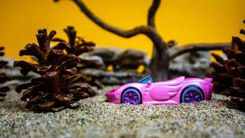 Minahasa, Indonesia dicembre 2022, il giocattolo auto tra il pino coni foto