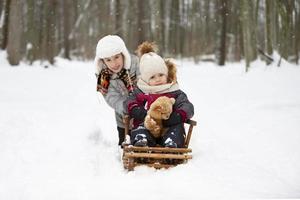 bambini su un' di legno slitta su un' inverno giorno. attivo inverno bambini all'aperto Giochi foto