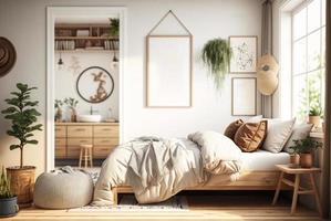 scandinavo stile Camera da letto modello con naturale legna mobilia e un' beige colore schema foto