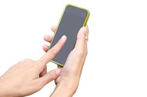 smart phone in mano su sfondo bianco foto