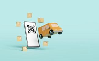 3d arancia camion, consegna furgone con mobile Telefono, smartphone, qr codice scansione, merce cartone scatola isolato su blu sfondo. servizio, trasporto, spedizione concetto, 3d rendere illustrazione foto