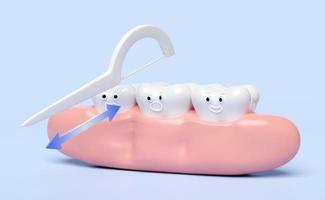 3d mostrando denti pulizia cibo rifiuto con stuzzicadenti dentale filo isolato su blu sfondo. 3d rendere illustrazione, ritaglio sentiero foto