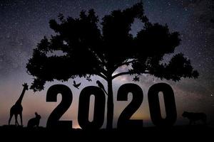 silhouette del numero 2020 e animali su uno sfondo con le stelle foto