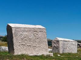 stecci medievale lapidi cimiteri dugo polje nel blidinje, beh. unesco luogo. storico posto di interesse. il lapidi caratteristica un' largo gamma di decorativo motivi e iscrizioni. foto