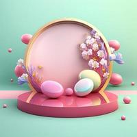 3d rosa illustrazione podio con brillante uova e fiore decorazione per Pasqua celebrazione foto