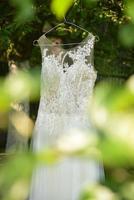 abito da sposa bianco appeso a un albero foto