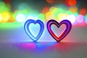 il cuore forme su astratto leggero neon luccichio sfondo nel amore concetto per san valentino giorno con dolce e romantico. neon cuore raggiante sfondo spazio per testo. design e digitale Materiale. foto