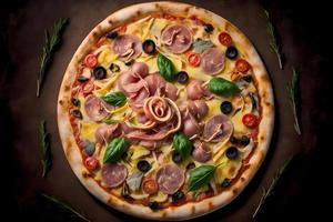 capricciosa Pizza fatto di prosciutto e funghi. tradizionale italiano Pizza cibo fotografia foto