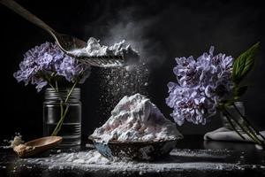 preparazione per fritte lilla fiore con in polvere zucchero. dolce dolce fotografia foto