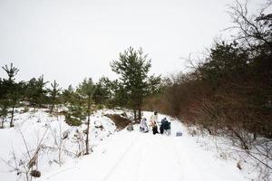 giovane donna con bambini nel inverno foresta su un' picnic. madre e tre bambini. foto