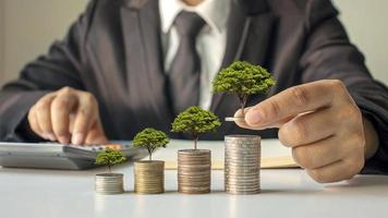 uomini d'affari che piantano alberi su un mucchio di idee per risparmiare denaro e investono nel futuro