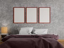mock up poster in camera da letto, rendering 3d foto