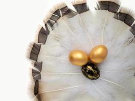 luminosa Pasqua. d'oro Pasqua uova su morbido soffice piume. avvicinamento. superiore Visualizza. foto