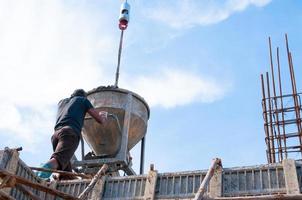 costruzione edificio lavoratori a costruzione luogo scrosciante calcestruzzo nel forma, uomo Lavorando a altezza con blu cielo a costruzione luogo foto