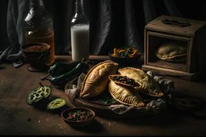 indulgere nel il ricco sapori di latino America con nostro empanadas. acquolina in bocca immagini vetrina tradizionale, strada cibo, e buongustaio stili di Questo Amati piatto foto