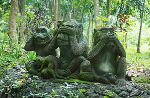 tradizionale balinese statua di tre scimmie foto