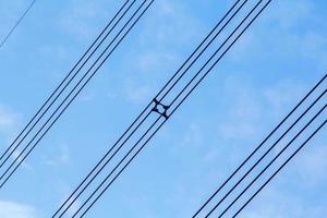 alta tensione e isolato cavi sospeso nel il blu cielo siamo cavi quello trasportare elettricità e elettricità per persone e molti industriale impianti e aziende quello bisogno elettricità. foto