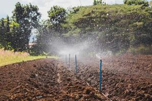 righe di suolo prima piantare con acqua springer sistema. foto