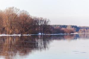 primavera su il fiume nel il luce del sole. spoglio Marrone alberi su il lontano banca di il fiume e resti di neve. sfondo. alto qualità foto. orizzontale. modello. foto