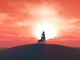 Femmina 3d e il suo cane contro un paesaggio al tramonto foto