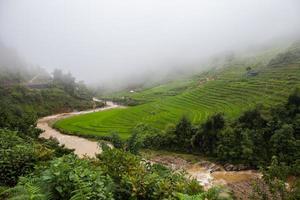 fiume che scorre attraverso le colline con campi di riso foto