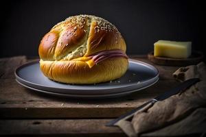 fatti in casa ciambella fatto di formaggio e prosciutto per prima colazione cibo fotografia foto