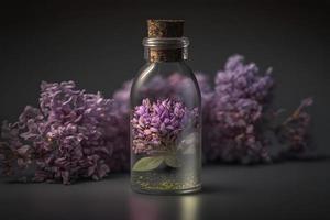 unico e aromatico lilla fragranza nel fiala. fioritura lilla profumo fotografia foto